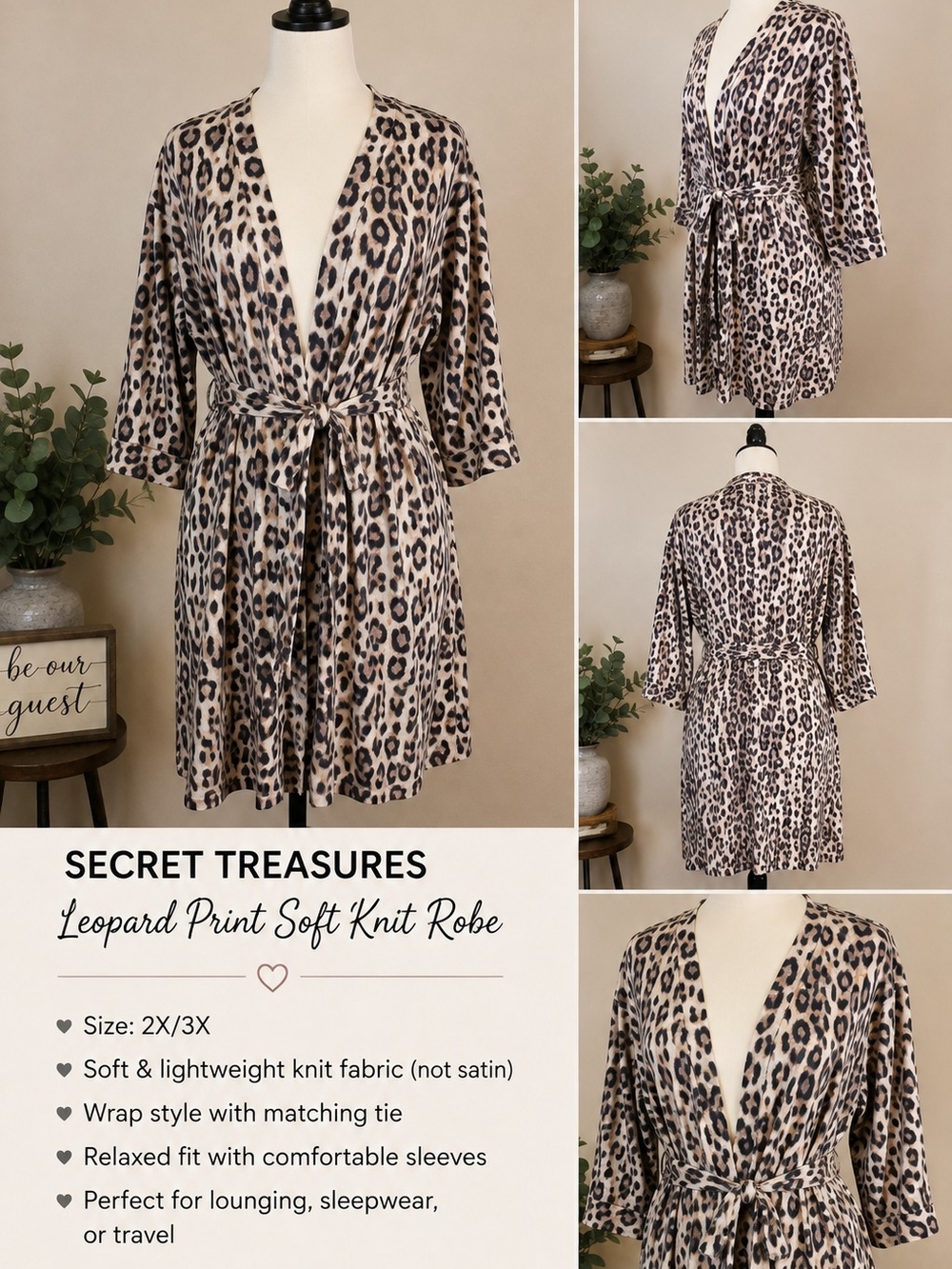 Secret Treasures Leopard Print Soft Knit Robe 2X/3X